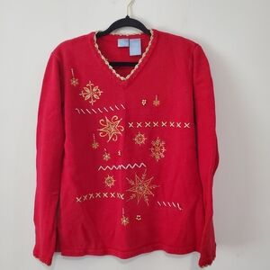 Festive Red Holiday Christmas Red Cotton Ramie Sweater Gold Embroidery Size M